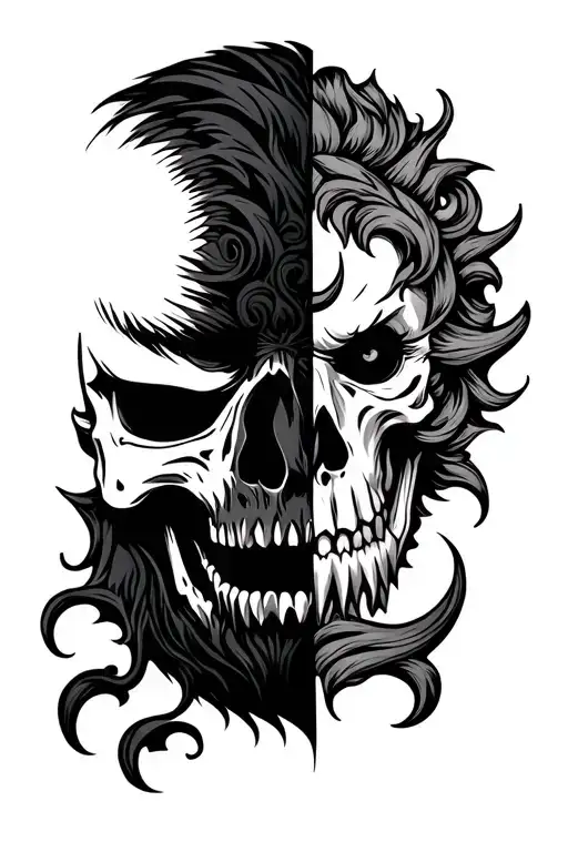half oni mask and half skull tattoo design idea