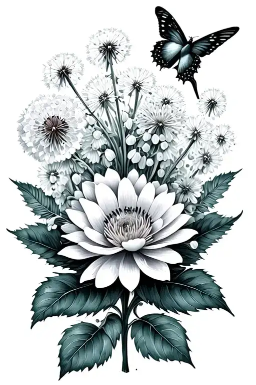 half sleeve tattoo Dandelion lily of the valley Daisy Rose chrysanthemum marigold Lotus hummingbird monarch butterfly mo tattoo design idea