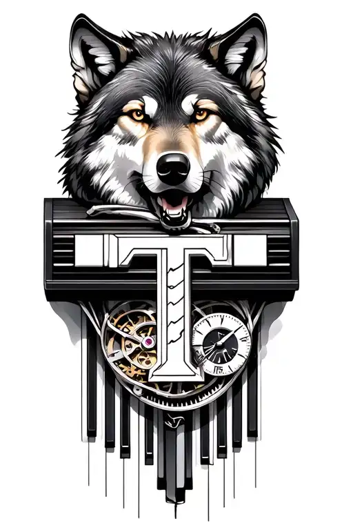 Piano keyboard, wolf, letter T and a watch mechanism intertwined tattoo design idea