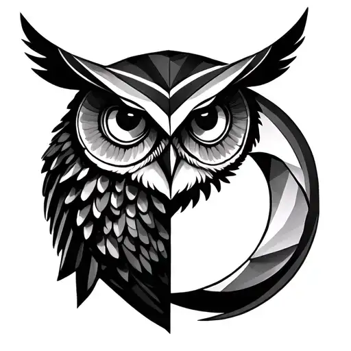 geometric owl and half moon tattoo design idea