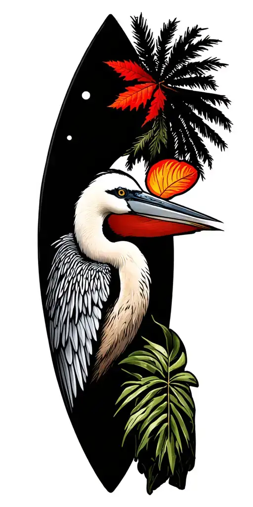 sticker sleeve, great blue heron, red mangrove band, brow pelican, red maple seed, kilimanjaro, surf board, palm frond tattoo design idea