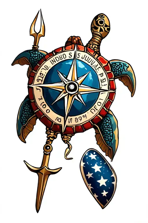 "00'00.0 N/S 080'41.415W" turtle shell with compass rose; 4th of July themed with Neptune's Trident tattoo design idea