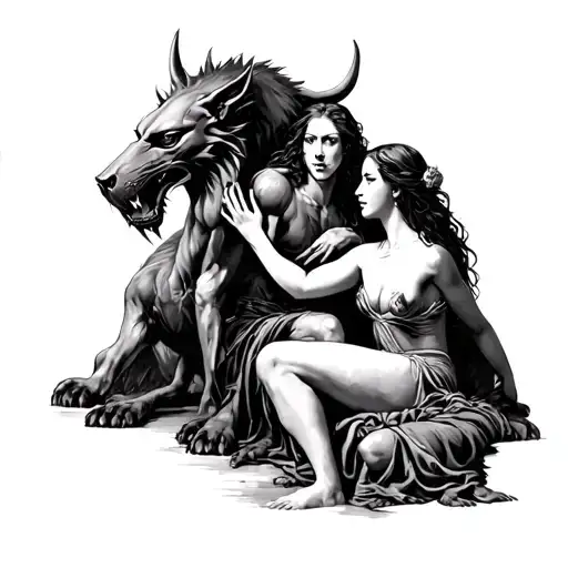 Charon with Paola and Francesca, the blaspheming heretics with Cerberus between Paolo and Francesca tattoo design idea