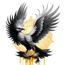 a phoenix faced forward while looking down its wings folded and a mandala lotus flower dripping gold between its wings tattoo design idea