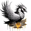 a phoenix faced forward while looking down its wings folded and a mandala lotus flower dripping gold between its wings tattoo design idea