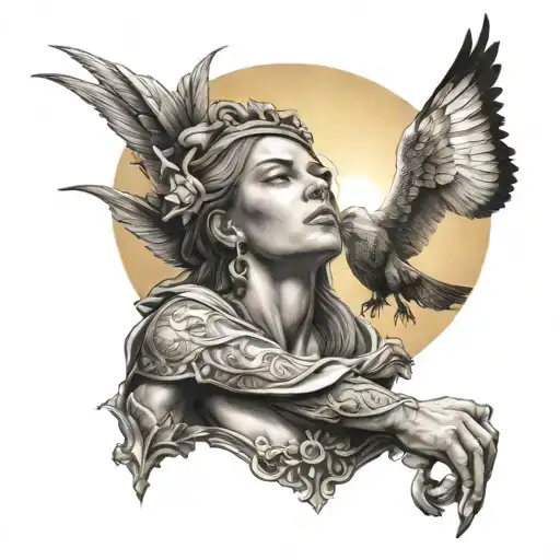 female guardian with sun rising tattoo design idea