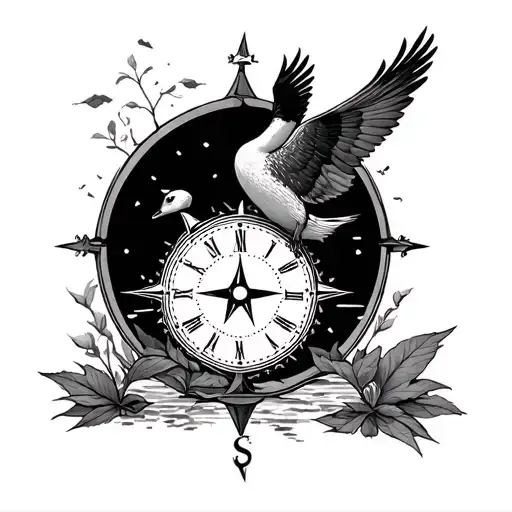 goose, compass, clock, nature tattoo design idea
