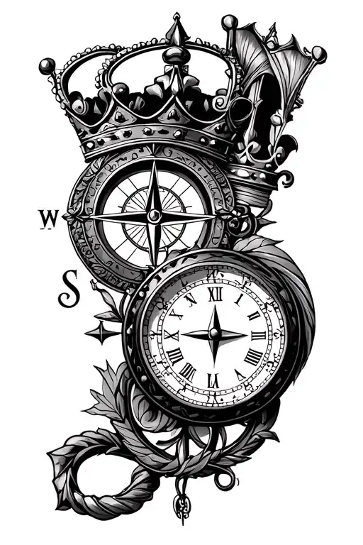 left forearm sleeve: compass with a message about family, stop watch or clock with my birth time, King and Queen of di tattoo design idea