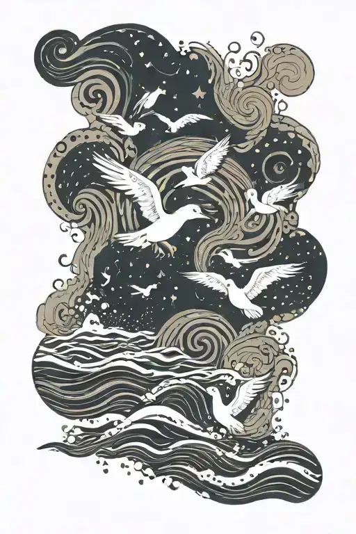 An abstract representation of the ocean with waves and seagulls, incorporating German calligraphy of a favorite quote tattoo design idea