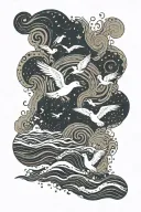 An abstract representation of the ocean with waves and seagulls, incorporating German calligraphy of a favorite quote tattoo design idea