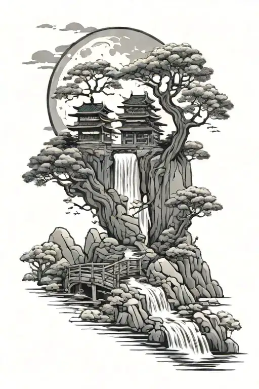 japanese tree waterfall flowing woman on bridge moon mountain tattoo design idea