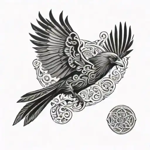  bold and masculine tattoo design featuring a raven in flight, its wings stretched wide, with intricate Celtic knotwork  tattoo design idea