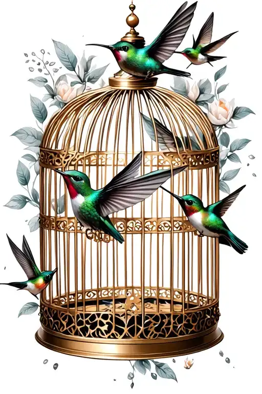Beautiful elegant bird gold cage with hole in the side, with beautiful small hummingbirds breaking free from the cage.  tattoo design idea