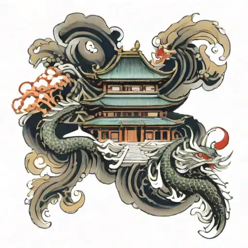 Japanese temple with dragon and koi fish   tattoo design idea