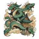 Japanese temple with dragon and koi fish   tattoo design idea