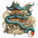 Japanese temple with dragon and koi fish   tattoo design idea