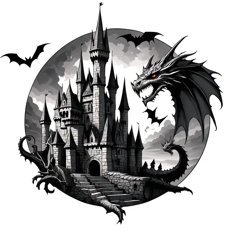 Castle with dragon and bats tattoo design idea