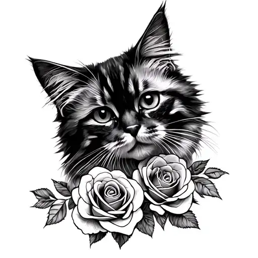 cat small fluffy cat with roses tattoo design idea