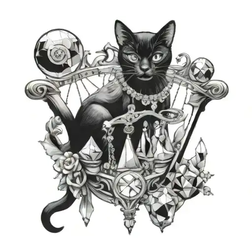 Libra, black cat, crystals tattoo design idea