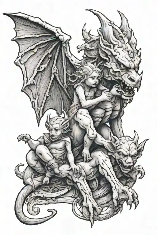 dark demons gargoyle warrior with her toddler tattoo design idea
