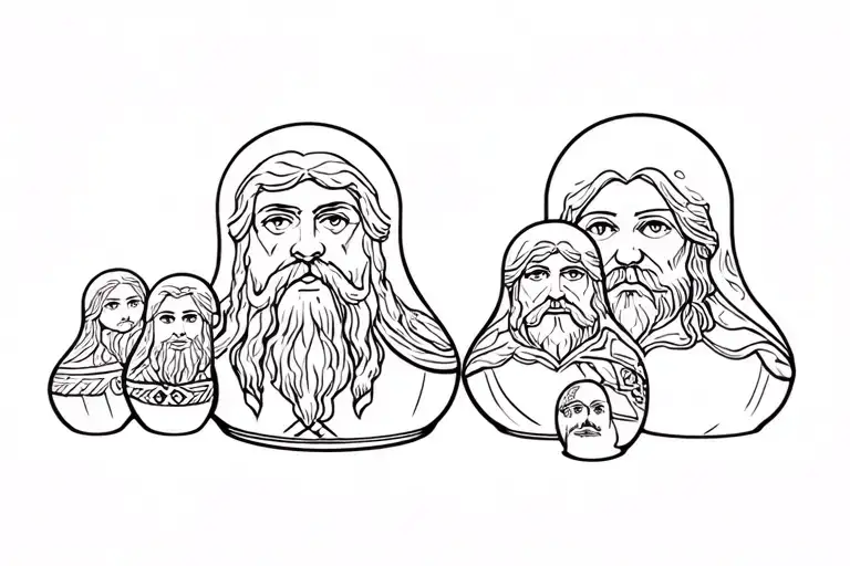 Russian stacking dolls in Lord of the Rings style illustration with Gimli, Legolas, Gandalf, Frodo, Aragorn and Samwise  tattoo design idea