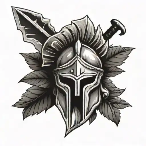 italian spartan helmet with laurel bay leaves and a sword going through the top tattoo design idea