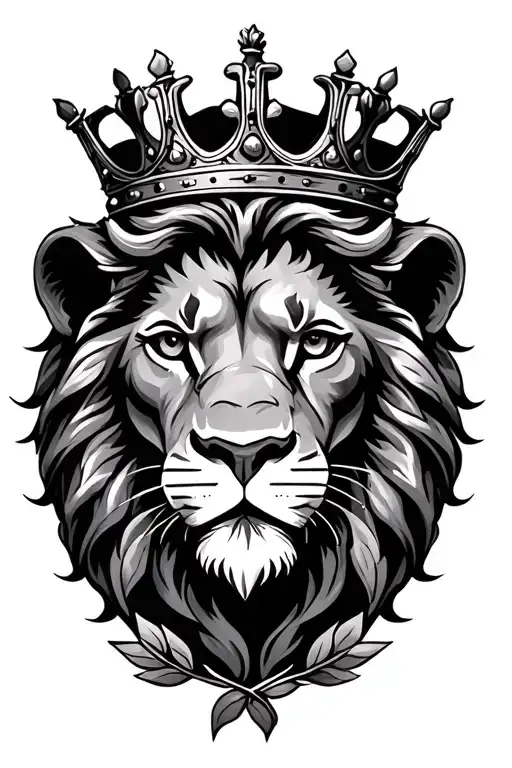 lion head with 6 point crown and laurel branch tattoo design idea