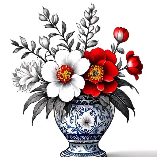 Vase with Portugal tiles, with acacia flowers inside, red lycoris lys, cherryboard, peony tattoo design idea