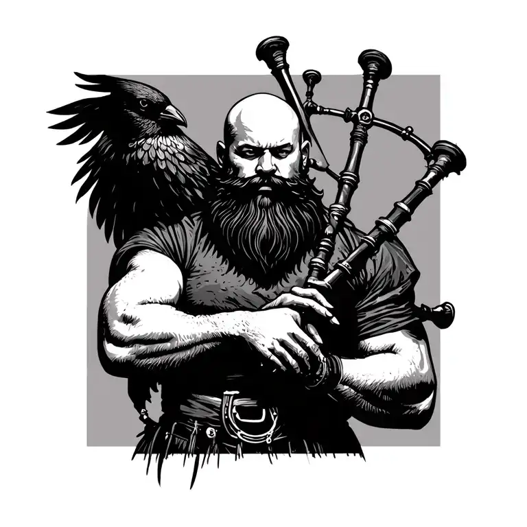 bald bagpiper with black beard with crow featherd muscular body with a mans head and hands playing blackbagpipes tattoo design idea