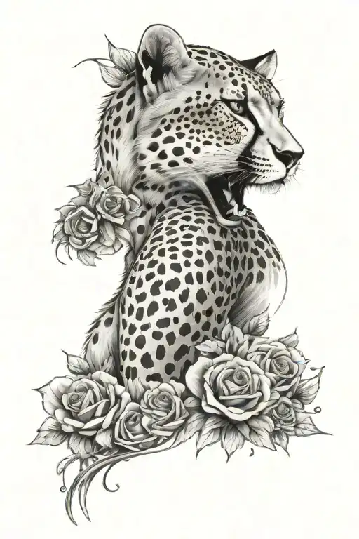 cheetah coming down the tricep with roses sleeve woman  tattoo design idea
