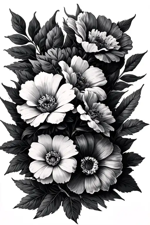 Men’s tricep tattoo. 5 flowers total. Masculine on back of tricep arm. Realistic and spread out. Darker shading for man. tattoo design idea
