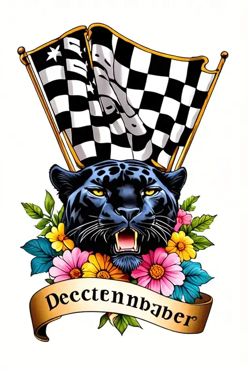 panther head with birth flowers from december, july, September and june. highway sign, checkered flags tattoo design idea