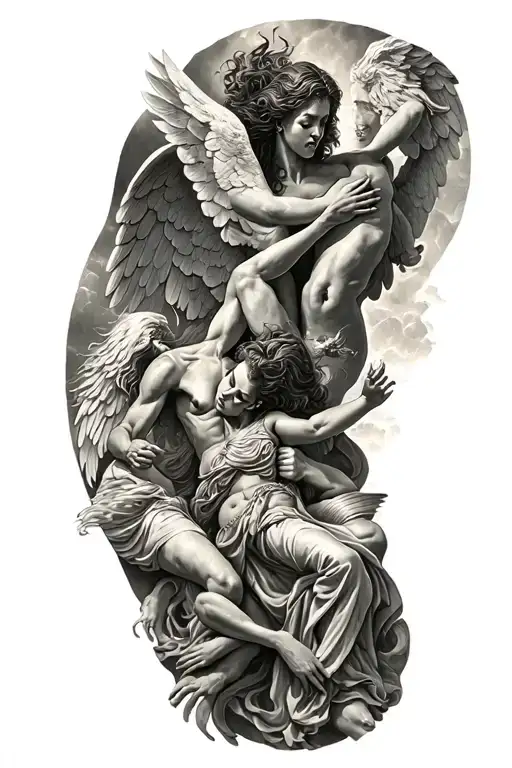 heaven vs hell theme with angels and demons fighting tattoo design idea