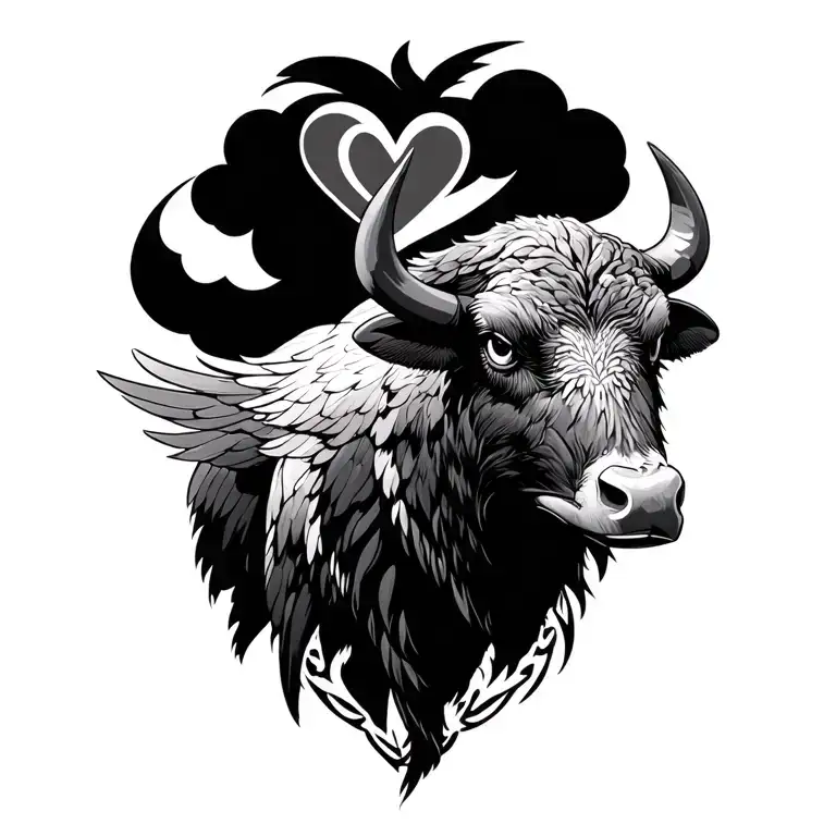 bull and Raven with a heart cloud.  tattoo design idea