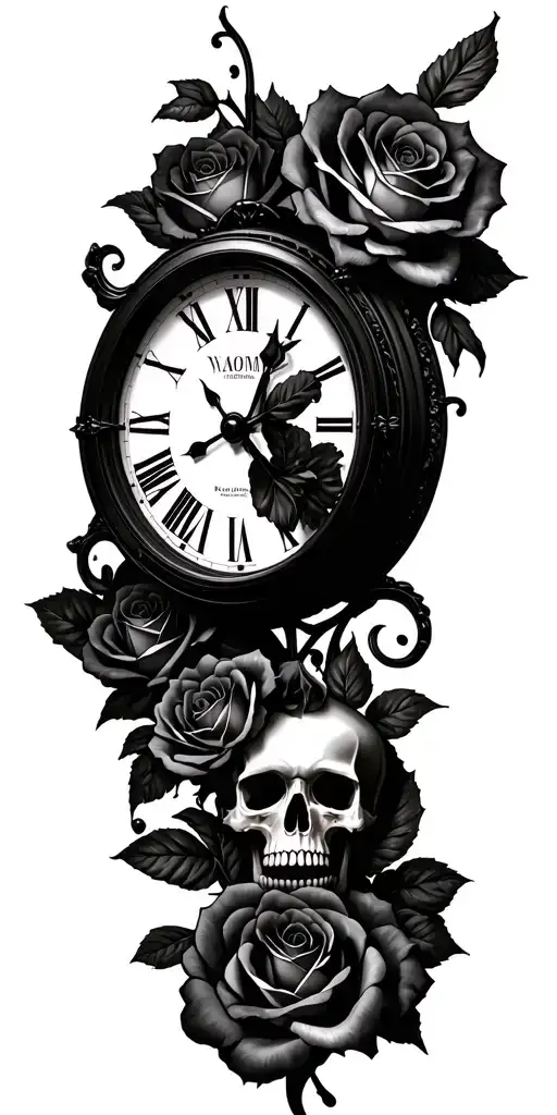 clock roses skull time legacy with small names Bas Yvo Djam naomi Delano tattoo design idea