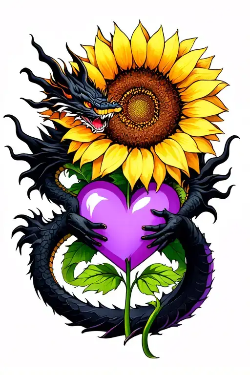 black dragon holding onto purple heart sunflower growing tattoo design idea