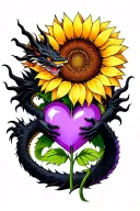 black dragon holding onto purple heart sunflower growing tattoo design idea