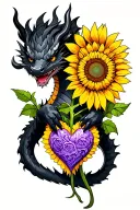 black dragon holding onto purple heart sunflower growing tattoo design idea