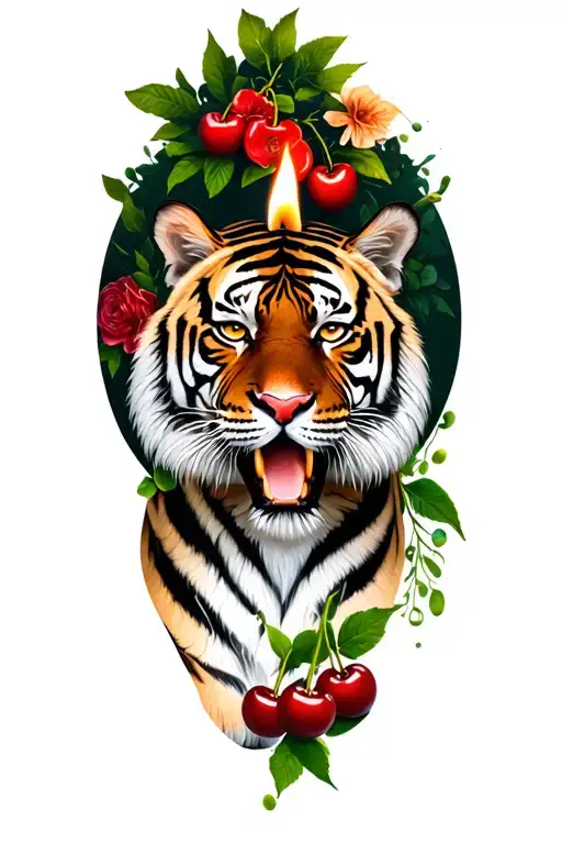 candle burning and a tiger and floral background and cherries  tattoo design idea