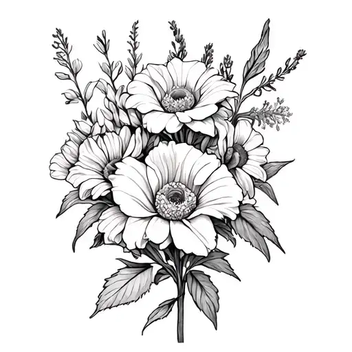 gladiolus, rose, larkspur, daisy intertwined within tattoo design idea