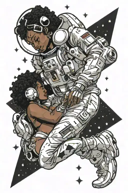 astronaut spooning a black woman,  stars, sexy tattoo design idea