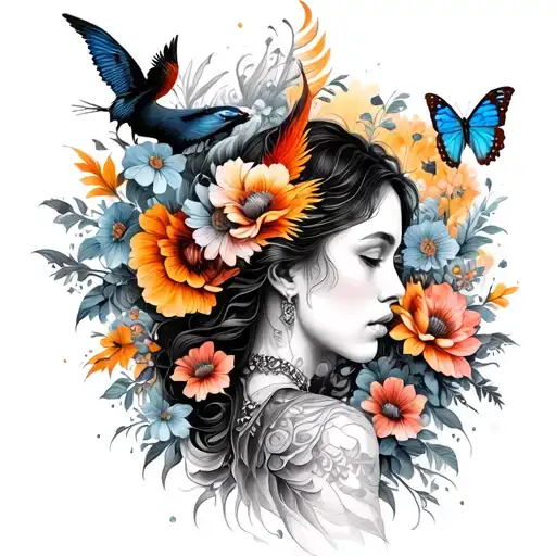 Blackwork tattoo of a woman in half Flowers and butterflies and a phoenix in the background tattoo design idea