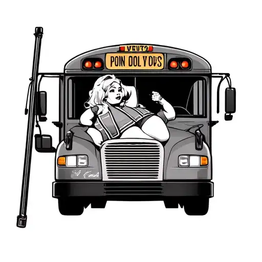 fat pin up girl on a school bus wearing a safety vest tattoo design idea