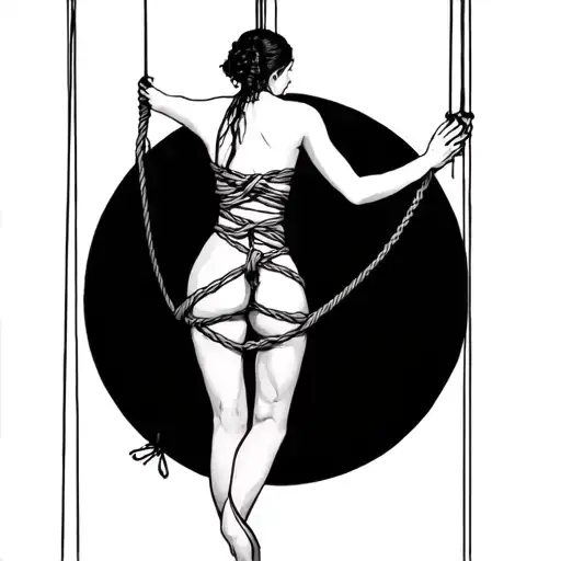 bound woman in shibari ropes suspended on back marionette strings tattoo design idea