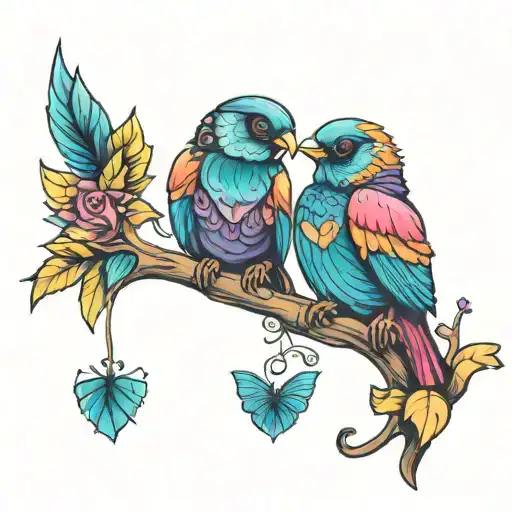 two love birds perched looking at each other, colorful, dark tattoo design idea