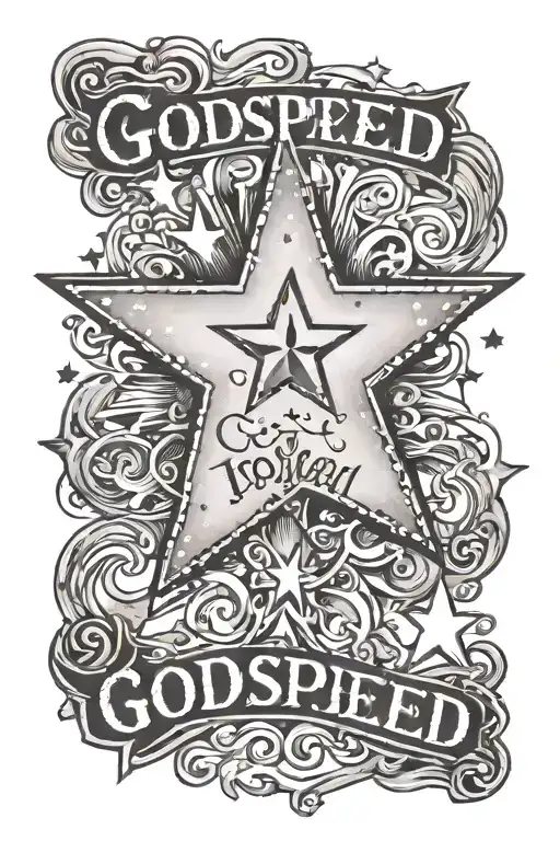 3 small sparkle star outline with the word "godspeed" tattoo design idea