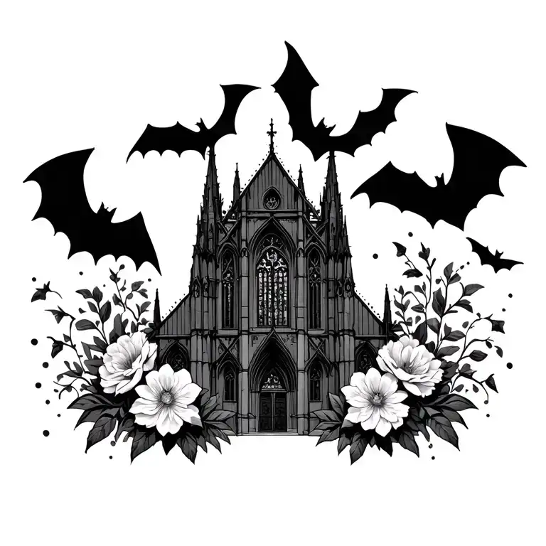 Gothic Cathedral, with flowers and bats tattoo design idea