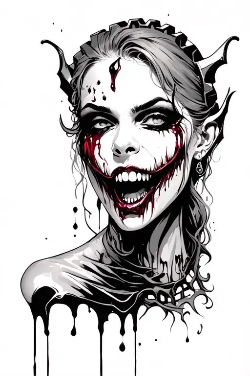 female vampire dripping blood from teeth spur gear tattoo design idea