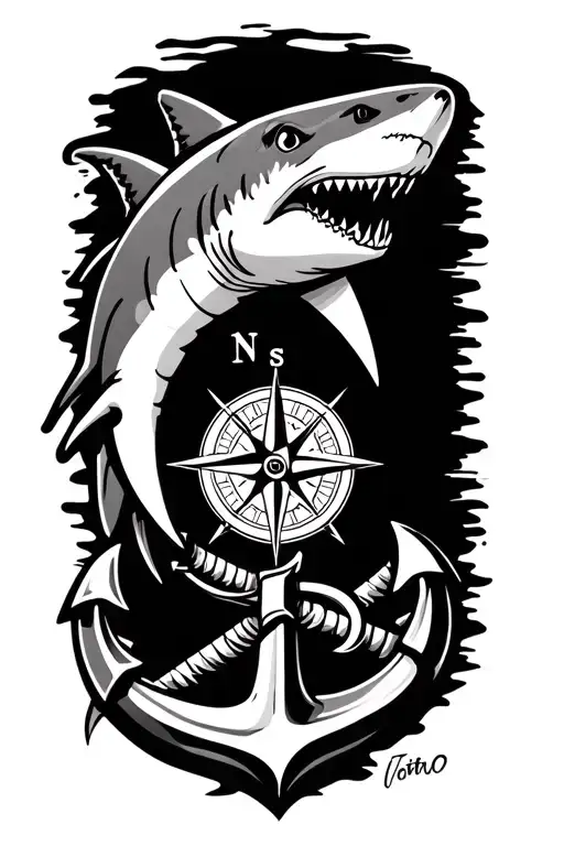 boat anchor and compass shark emerging tattoo design idea