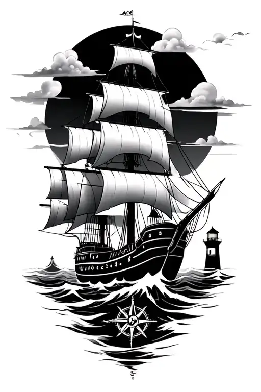 pirate ship sailing in ocean with lighthouse and compass tattoo design idea